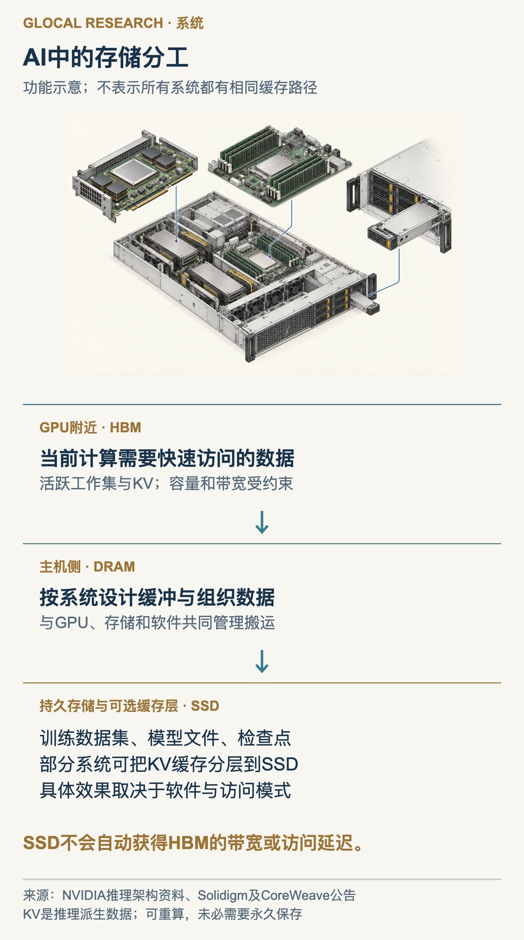 图7｜AI系统的内存与SSD职责。箭头表示可设计的数据分层关系，不代表每个工作负载都沿同一路径；SSD缓存的收益必须结合软件、访问模式和搬运成本验证。 工程组件为概念性技术插画。
